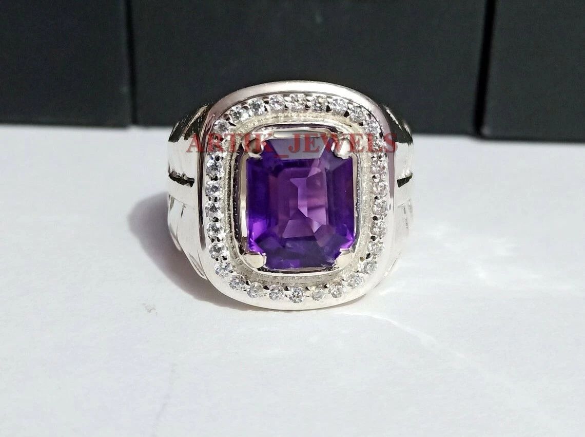 Anello Uomo Argento 925 Con Ametista Naturale - Fatto A Mano, Vintage, Misura Personalizzabile