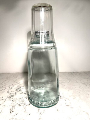 Crystal Clear Recycled Glass Tumble Up Bedside Carafe w/ cup Screw Top MINT