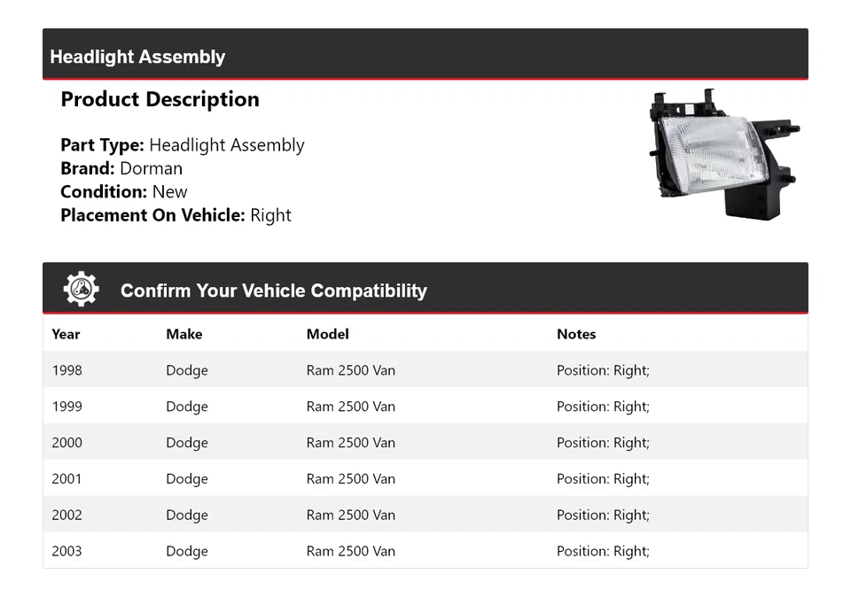 适用于 1998 - 2003 道奇 Ram 2500 Van Dorman 车头灯总成右 1999 2000 2001 — 第 2/4 张图片