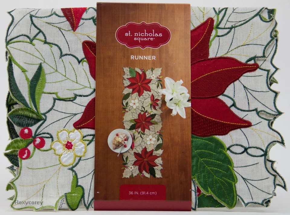 Christmas St Nicholas Square 36x13 Embroidered Poinsettia Cut Out Table Runner - Image 2 of 2