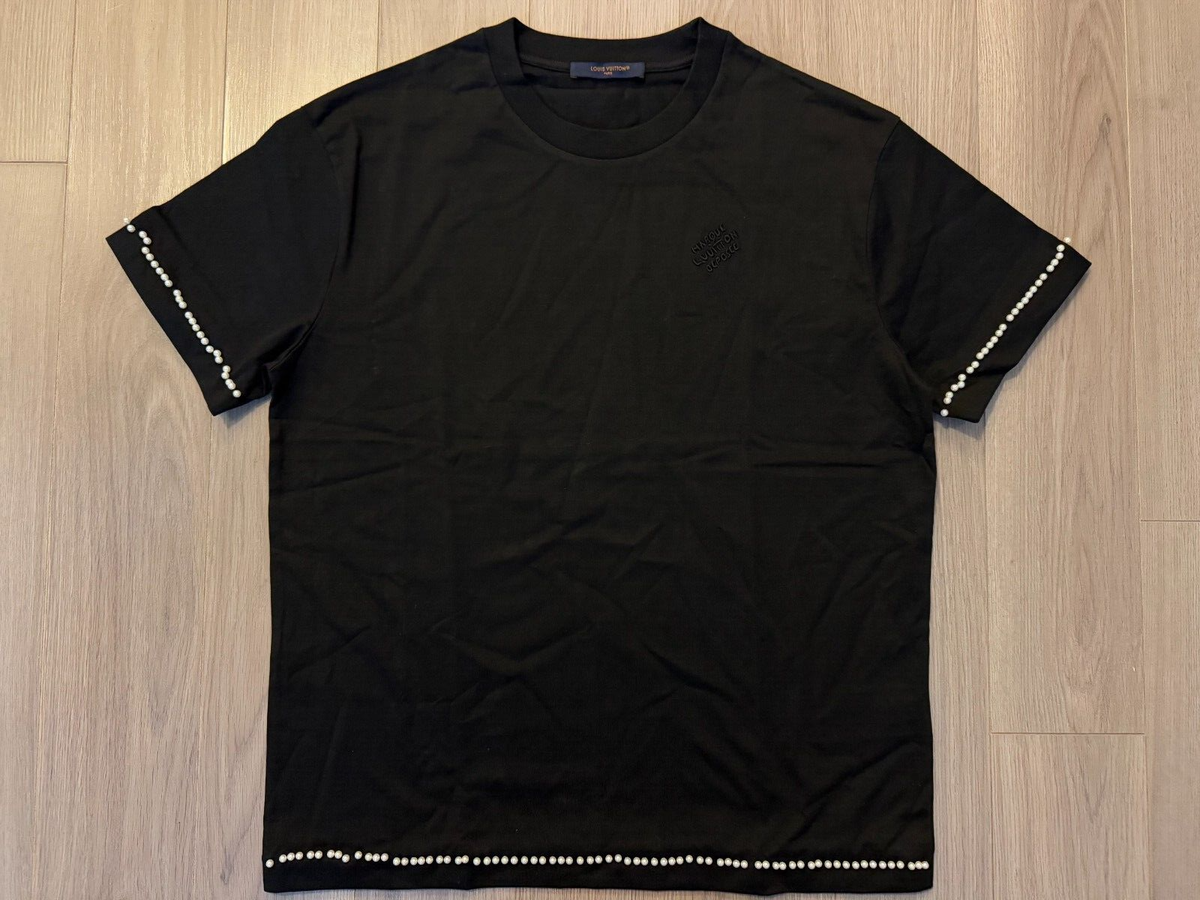 Louis Vuitton Pearl Embellished Cotton Tee Shirt black sz M