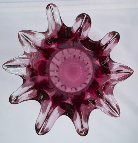 Vintage 10 Point Stretch Bohemian Czech Chribska Cranberry Pink Handblown Vase - Picture 5 of 7