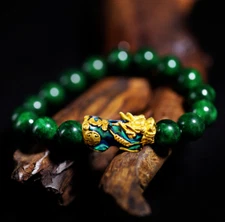 Natural Emerald 10MM Beads Pixiu Fengshui Wealth Luck Men Strength Bracelet Gift