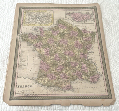 ANTIQUE 1850 MAP of FRANCE, CORSICA, PARIS, 17 ½ INCHES by 14