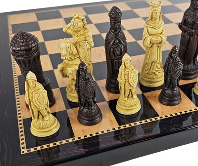 LARGE Medieval Times King Arthur Camelot Chess Set 18'' Walnut Color Board