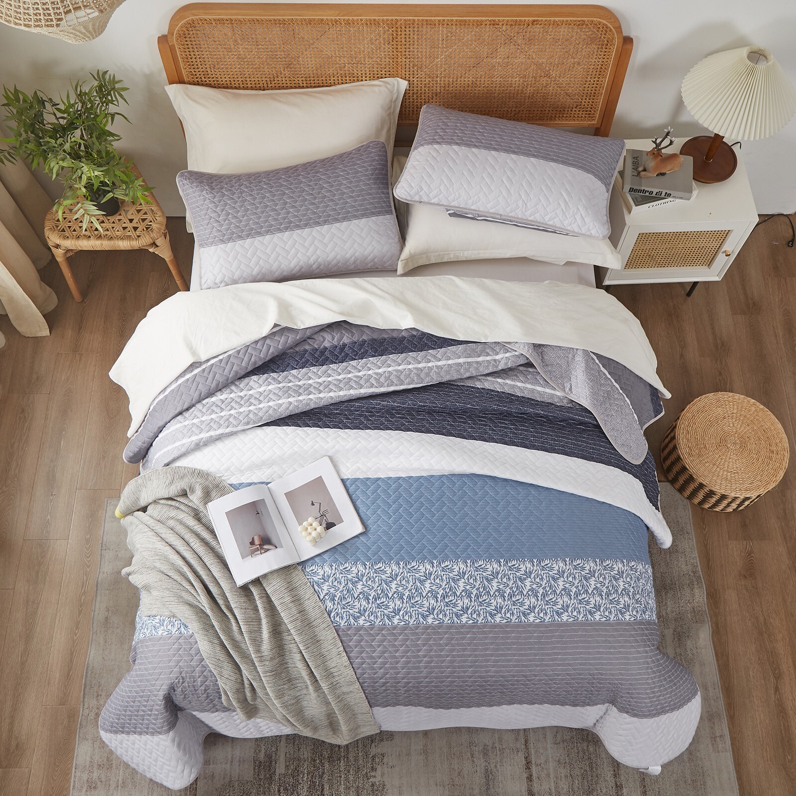 Gray Striped Soft Bedspread Quilt Set Coverlet Queen Size Bedding