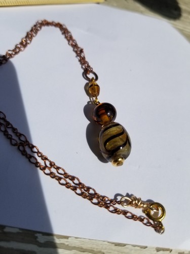 Artisan Vintage brass necklace with Amber Lampwork beads spring ring clasp 17" - Picture 5 of 6