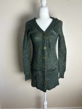 Halogen S Mohair Sweater Green Duster Cardigan Fuzzy Knit V-neck