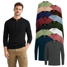Men's 2 Pack Long Sleeve Henley T-Shirt Casual Wear Gym Workout Running Tops