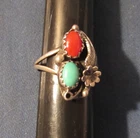 VINTAGE SOUTHWEST NAVAJO STERLING SILVER WITH TURQUOISE & CORAL RING SIGNED S C