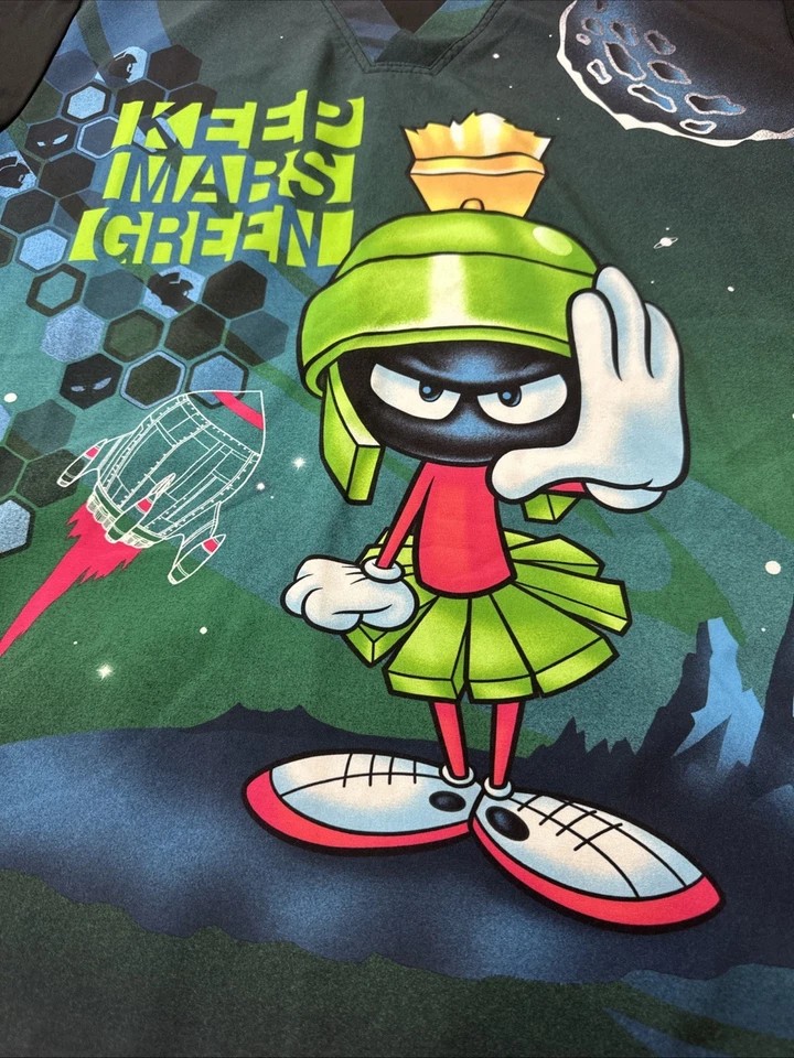 Y2K Looney Tunes Marvin The Martian Scrub Top Unisex Size XL All Over Print - Image 4 of 4