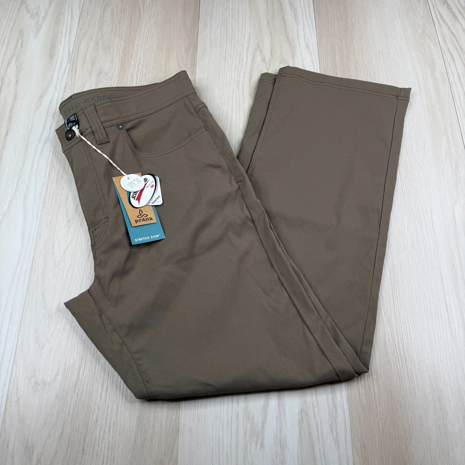 NWT PrAna Mens Brown Mud Slim Fit Stretch UPF 50+ Brion Chino Pant Size 34x30