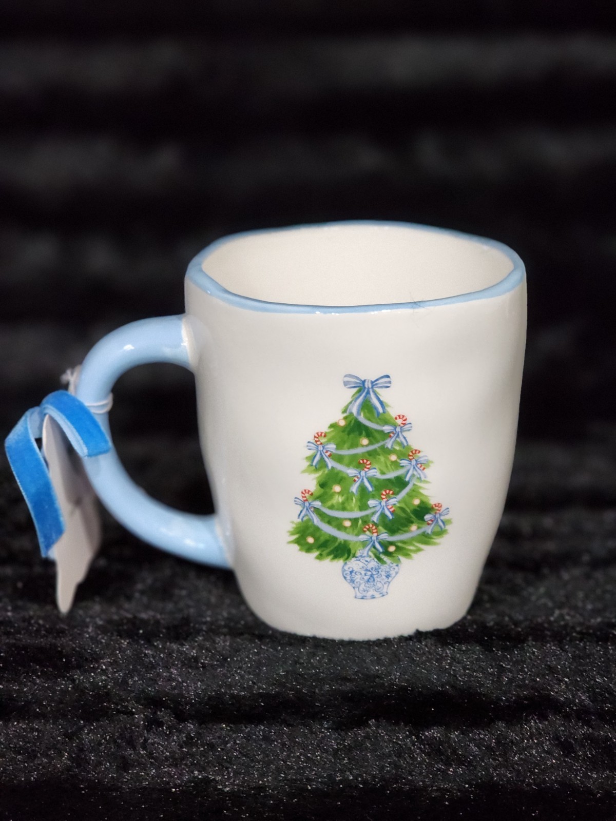 Blue & White Christmas Tree Coffee Mug Cup 4" Ceramic Chinoiserie Bows Haig TT