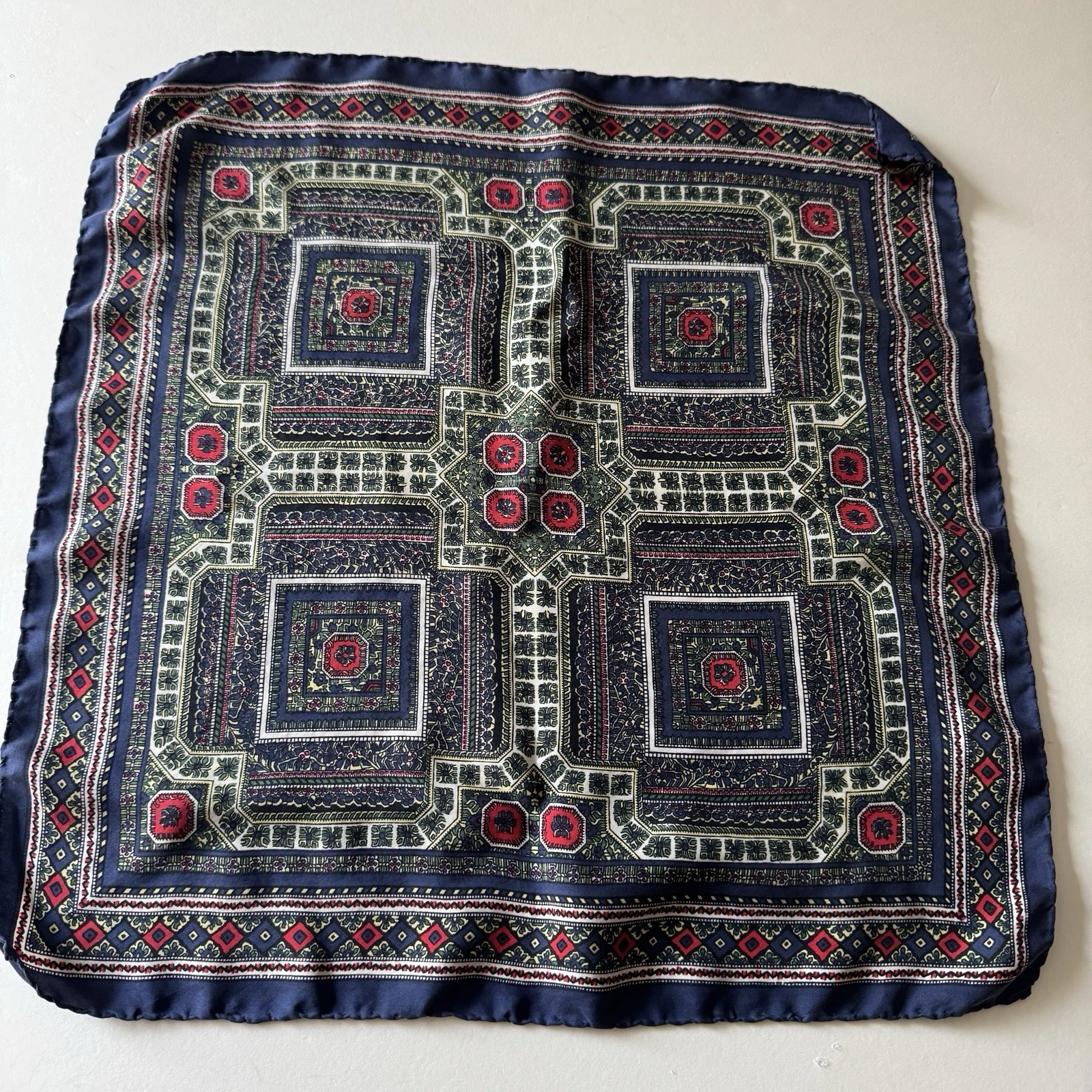 100% Silk scarf Geometric Navy and Red Patterned Women's Made In Italy 18”x19”