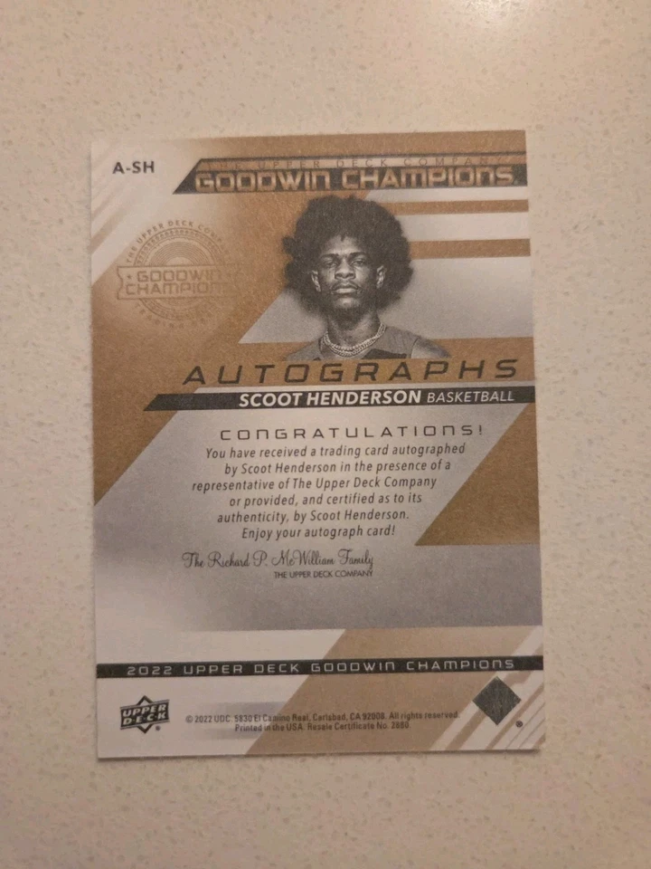 SCOOT HENDERSON 2022 UPPER DECK GOODWIN CHAMPIONS #A-SH ROOKIE AUTOGRAPH AUTO - Image 2 of 3