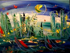 GREEN CITYSCAPE     █ MODERN CANVAS  original  painting ABSTRACT ART █NO RES██