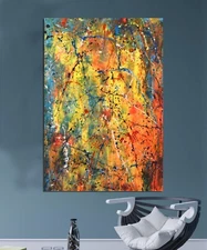 64”X44” Pollock/Richter style canvas ￼painting Acrylic,Abstract, Modern,X Large