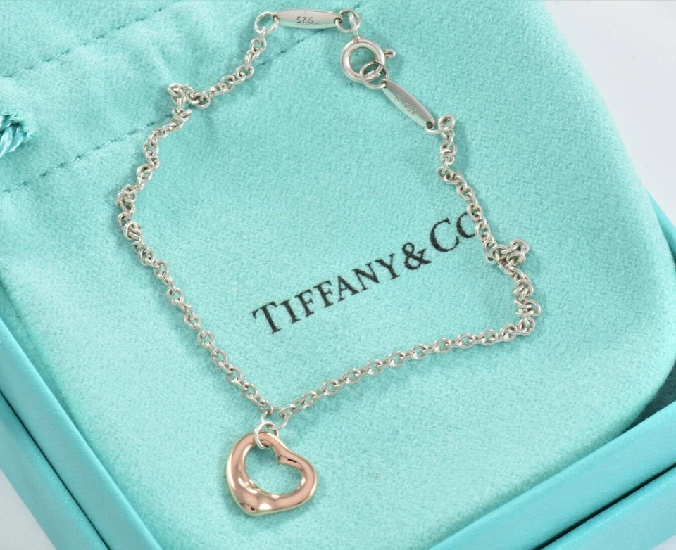 Tiffany & Co Rose Gold Silver Elsa Peretti Mini Open Heart 7.5" Bracelet & Pouch - Image 2 of 4