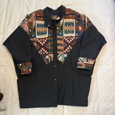 VINTAGE DAVID JAMES TRIBAL BOMBER JACKET LARGE MENS BLACK AZTEC WESTERN USA
