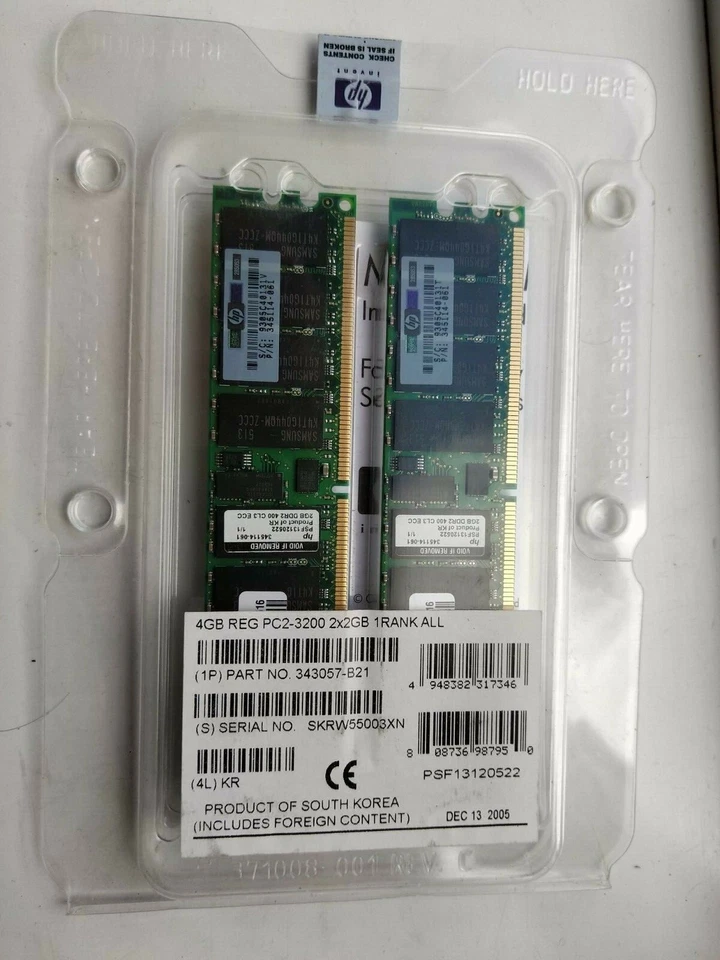 HP ORIGINAL - BRAND NEW - 343057-B21 - 4GB (2x2GB) 1Rx4 PC2-3200R ECC  - Image 2 of 2