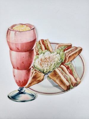 Vintage 1950's Original Paper Sign Club Sandwich & Milkshake Diner Menu Art