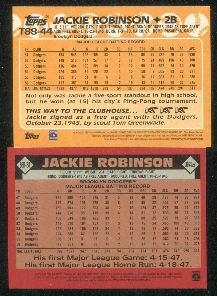 Jackie Robinson Lot of 2 2021 & 2023 Topps 35th Anniversary 86B-88/T88-44 - Image 2 of 2