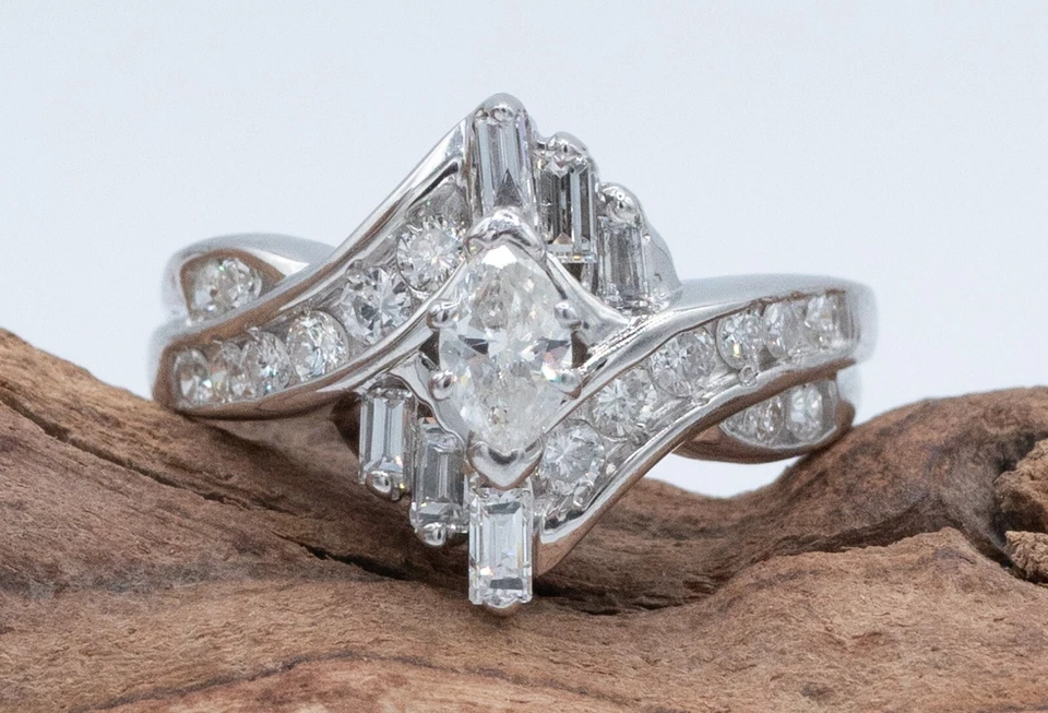 14KT White Gold .99 CTTW Marquise Natural Diamond Bypass Engagement Ring GIA - Image 2 of 4