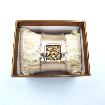 Rustic Cuff Bracelet Cuff Silver and Gold Tone 1.5'' wide 2.5'' dia With Box