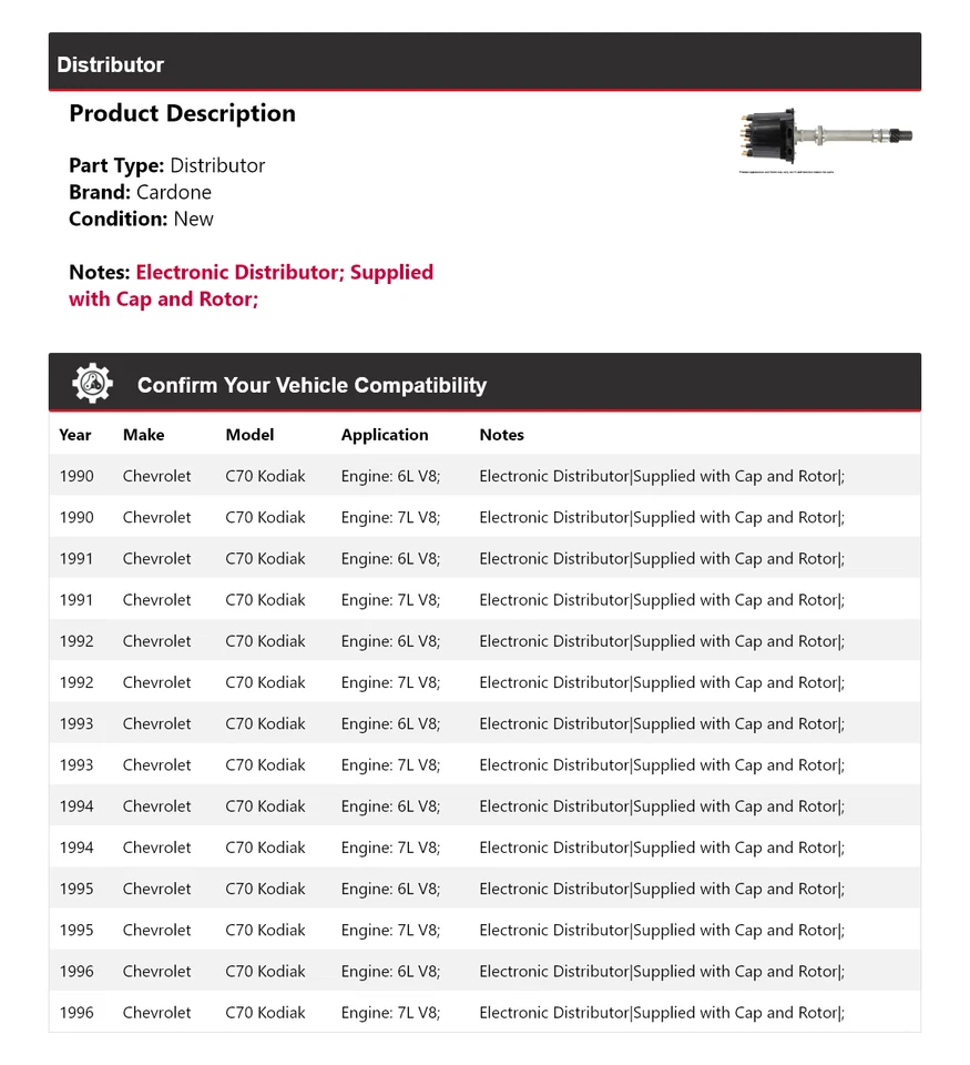 For 1990-1996 Chevrolet C70 Kodiak Distributor Cardone 1991 1992 1993 1994 1995 - Image 2 of 4