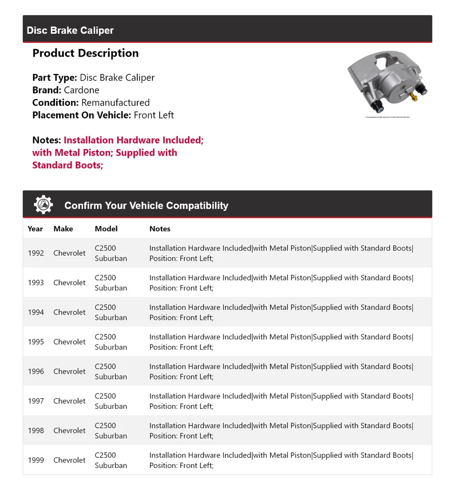 Pinza de freno de disco delantera izquierda cardona para Chevrolet C2500 Suburban 1992-1999 Foto 2 de 4
