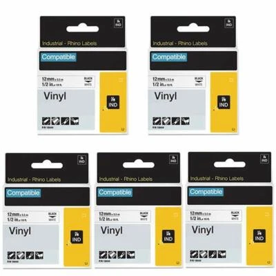 LABLEKINGDOM 5PK Vinyl Label Tape 18444 12mm Black / White for DYMO RHINO 3000 4200 5200 6000