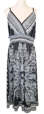 SHE'S COOL 3X V-neck Maxi A-Line Midi Tank Dress Paisley Navy White Boho Tribal 