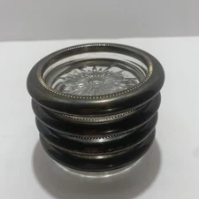 Set Of 4 Glass Starburst Pattern Coasters With Silver Plated Rims 