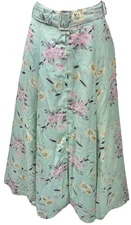 QPS Women Size 4 Vintage Button Up Belted Midi Skirt Mint Green Floral Pockets