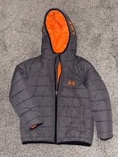 Under Armour Puffer Jacket Boys Size 5 Gray  Neon Orange Zip Up Winter Coat