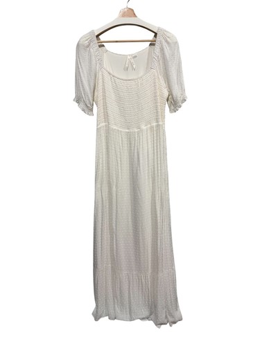 Seraphine Maternity White Swiss Dot Maxi Dress w Puff Sleeves & Smocked Bodice