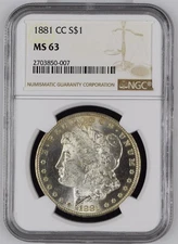 1881 CC Morgan Silver Dollar NGC MS-63