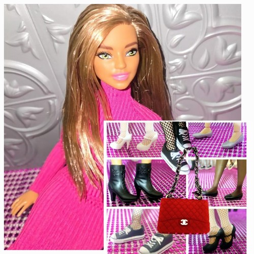 Nude Hybrid Curvy Barbie Green Eyes  Made-to-move+ Shoe Bundle + Fushia Dress  