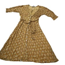 Faithfull The Brand Mustard Floral Crinkle Midi Dress Button Front Size S Small