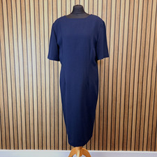 Jaeger Dress Navy Blue 16 Pencil Straight Cotton Midi Length Wool Vintage GB