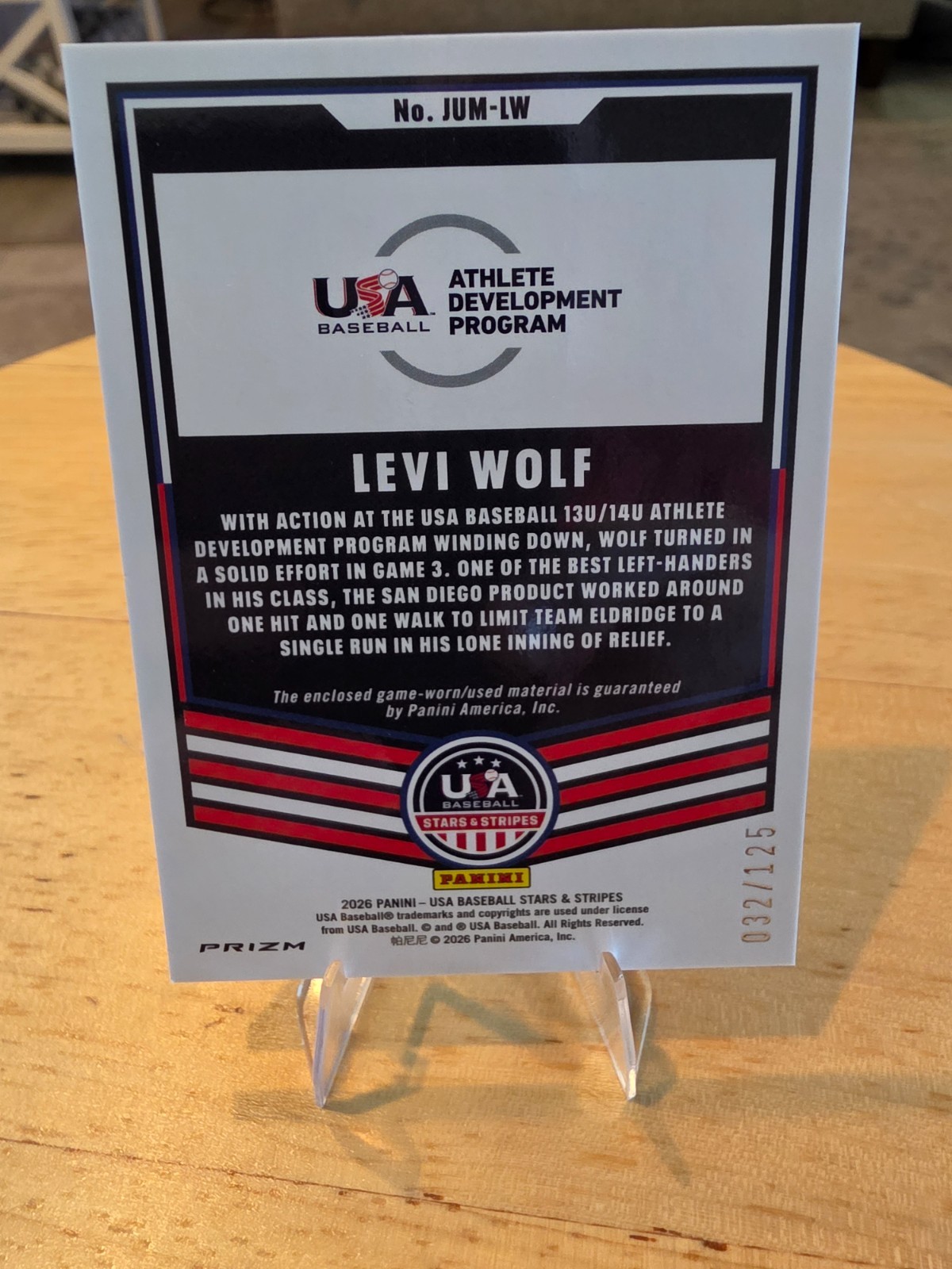 Usa Baseball 2026 USA Baseball Stars and Stripes Prizm Jumbo Materials #108 Levi ...