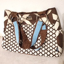 Bella Tunno Tote Linen Shoulder Diaper Bag Canvas Brown White Trellis Pattern