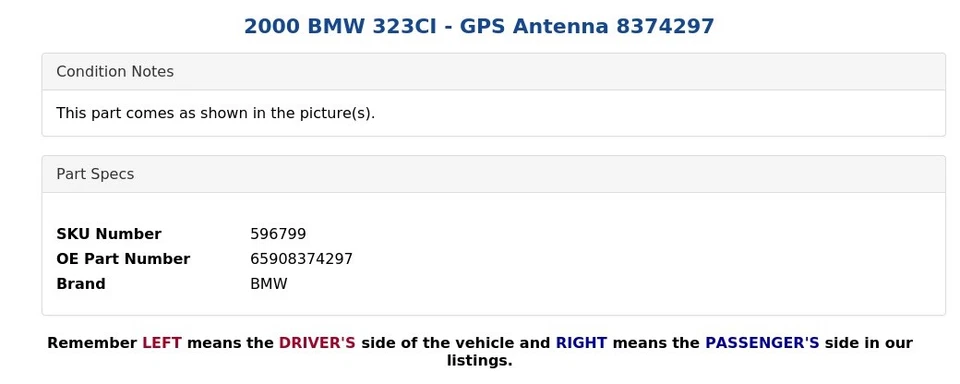 2000 BMW 323CI - GPS Antenna 8374297 Foto 4 de 4