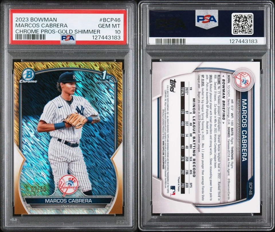 2023 BOWMAN MARCOS CABRERA /50 CHROME PROS-GOLD SHIMMER POP 4 PSA 10 - Image 4 of 4