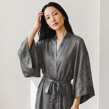 Josie NATORI L Luxury Designer Silk Textured Tassel Waist Tie Kimono Robe