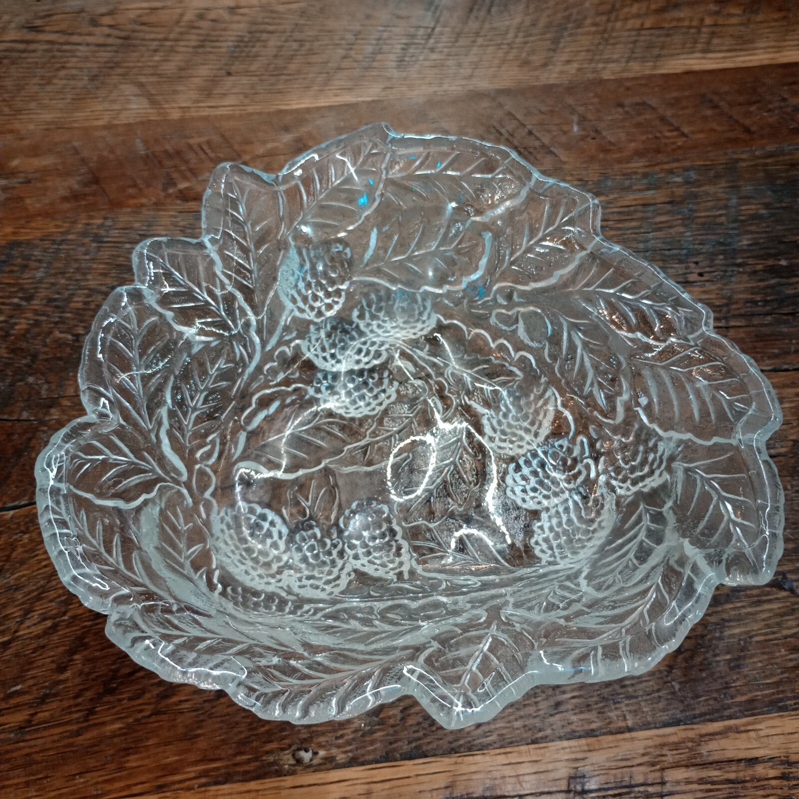 VTG Indiana Glass Clear Loganberry Triangular Bowl 7.25x2 with Berry & Leaf Design