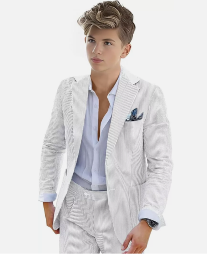Boys Seersucker Suit 2 Piece Tuxedo for Boys Summer Beach Wedding Blazer Pants