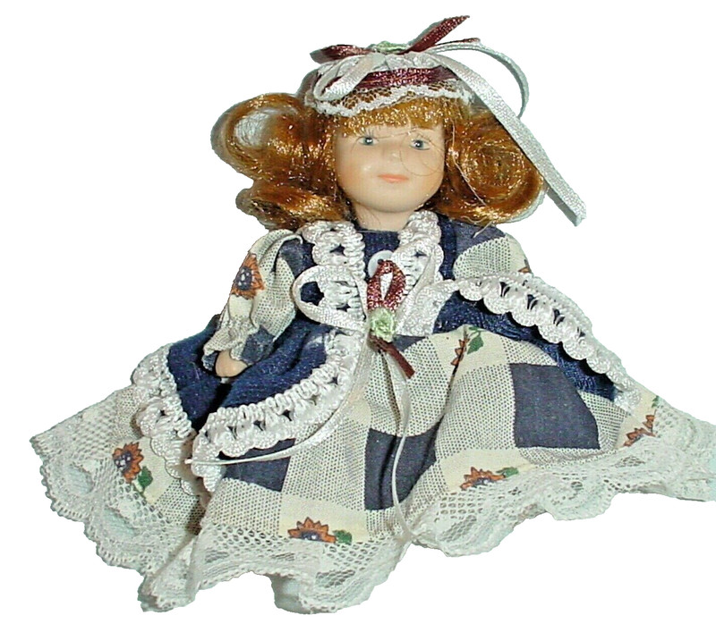 VINTAGE 4" GIRL DOLL BISQUE ARMS HEAD, BLUE DRESS  & HAT, HEAD ARMS LEGS MOVE