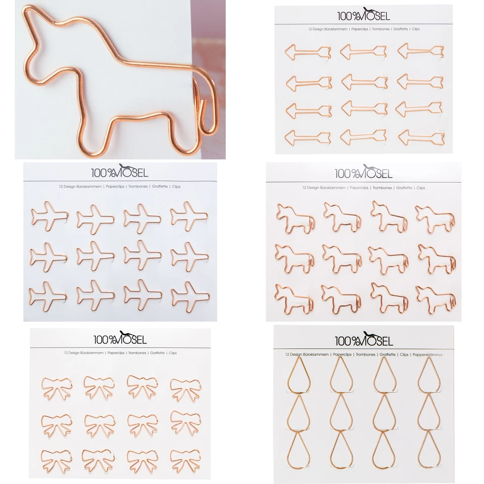 100%MOSEL Büroklammern Roségold Clip Motiv wählbar Pfeil Flugzeug Einhorn Schleife Tropfen