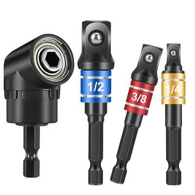 4PC Socket Adapter Impact Hex Shank Drill Bits 1/4'' 3/8'' 1/2'' + 105° Right Angle